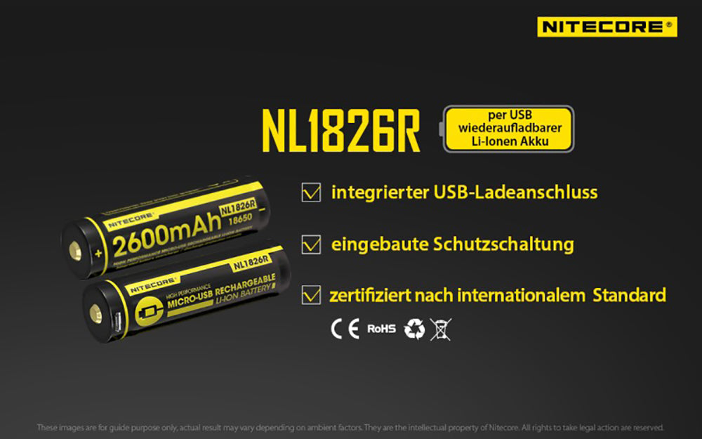 NiteCore 18650 - 2600mAh, Li-Ionen 3,7V - 3,6V - PCB geschützt mit USB Lademöglichkeit NL1826R
