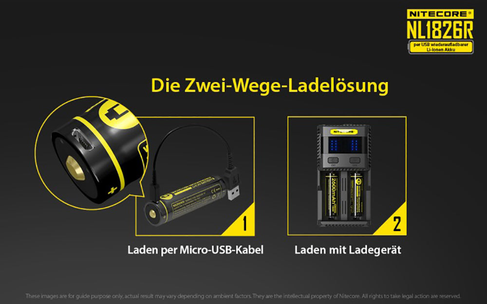 NiteCore 18650 - 2600mAh, Li-Ionen 3,7V - 3,6V - PCB geschützt mit USB Lademöglichkeit NL1826R