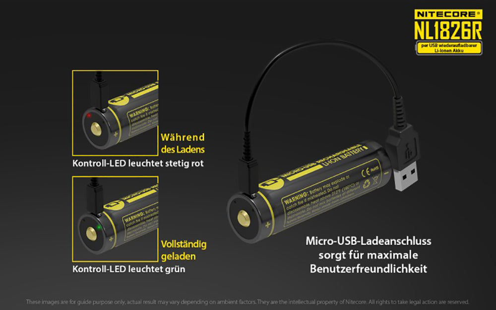 NiteCore 18650 - 2600mAh, Li-Ionen 3,7V - 3,6V - PCB geschützt mit USB Lademöglichkeit NL1826R