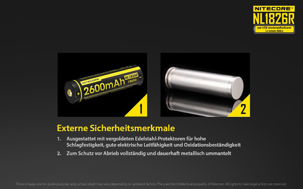 NiteCore 18650 - 2600mAh, Li-Ionen 3,7V - 3,6V - PCB geschützt mit USB Lademöglichkeit NL1826R
