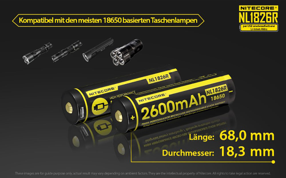 NiteCore 18650 - 2600mAh, Li-Ionen 3,7V - 3,6V - PCB geschützt mit USB Lademöglichkeit NL1826R