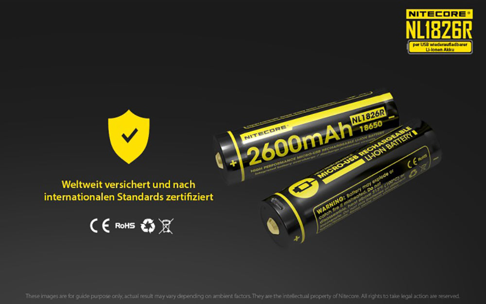 NiteCore 18650 - 2600mAh, Li-Ionen 3,7V - 3,6V - PCB geschützt mit USB Lademöglichkeit NL1826R