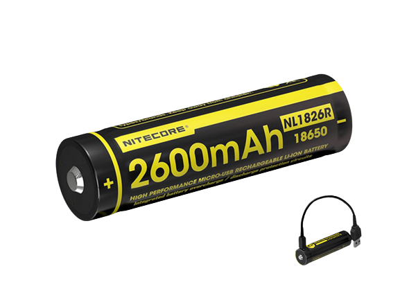 NiteCore 18650 - 2600mAh, Li-Ionen 3,7V - 3,6V - PCB geschützt mit USB Lademöglichkeit NL1826R
