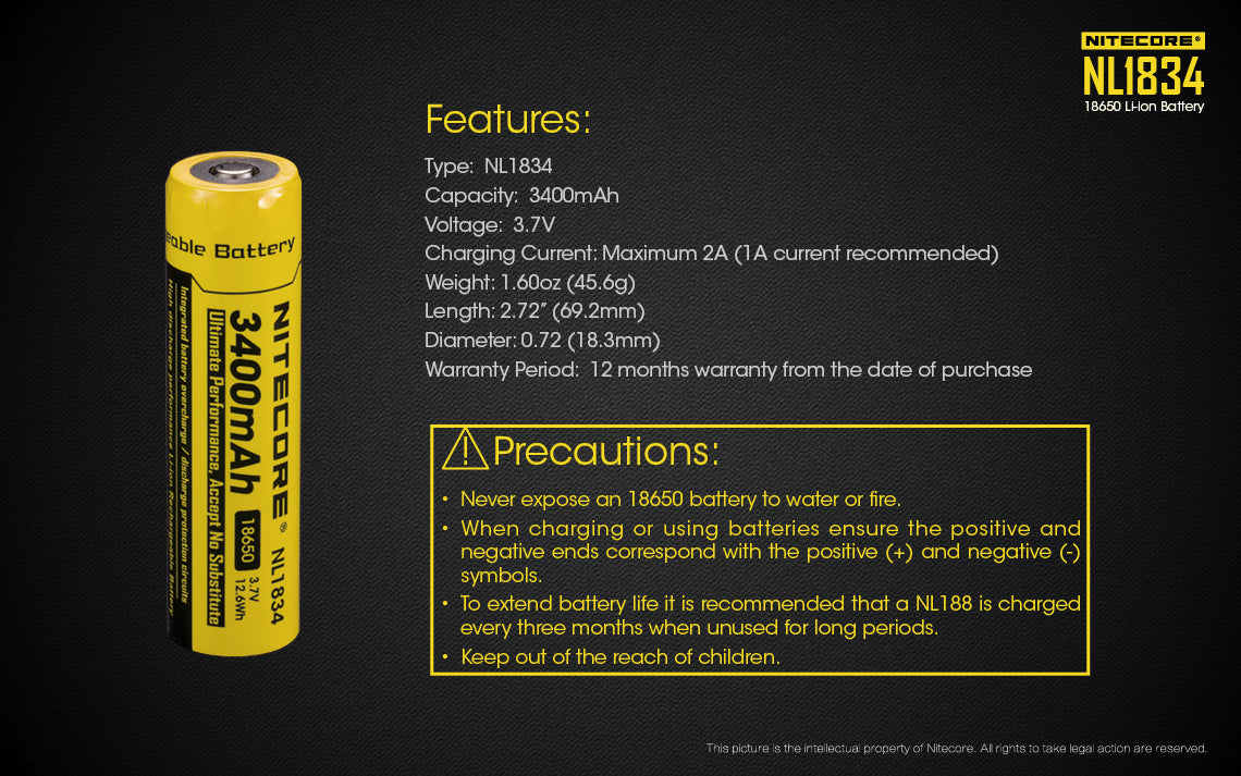 NiteCore Li-Ion-Akku 18650 - 3400mAh, 3,6V - 3,7V - NL1834