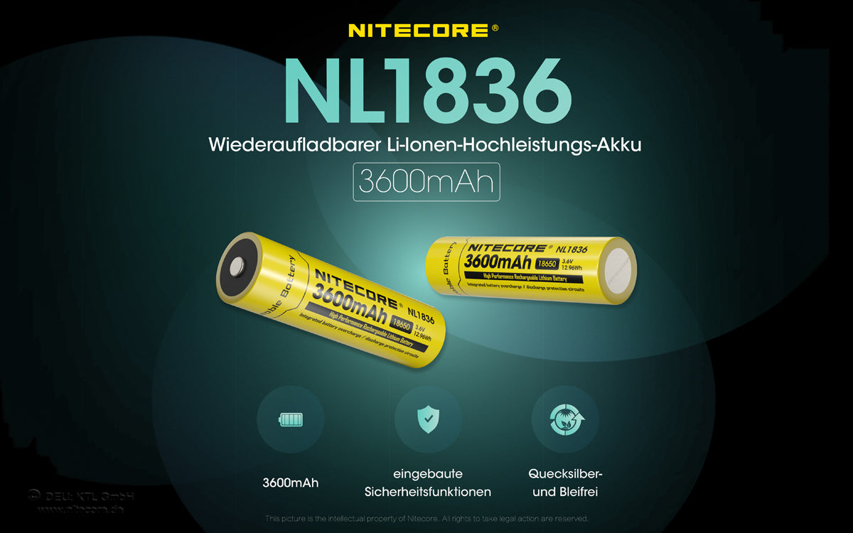 NiteCore Li-Ion-Akku 18650 - 3600mAh, 3,7V - NL1836 PCB geschützt