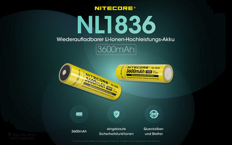 NiteCore Li-Ion-Akku 18650 - 3600mAh, 3,7V - NL1836 PCB geschützt