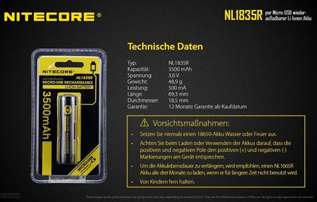 NiteCore 18650 - 3500mAh, Li-Ionen 3,7V - 3,6V - PCB geschützt mit USB Lademöglichkeit NL1835R
