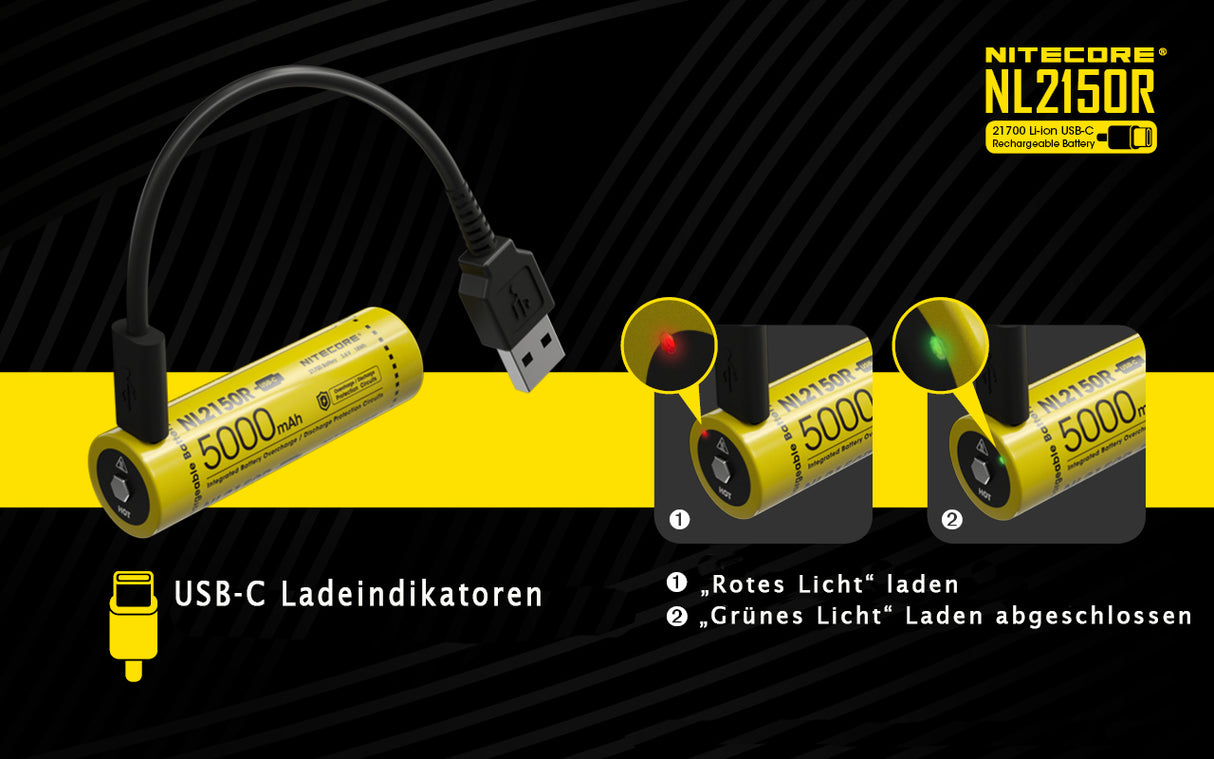 NiteCore 21700 NL2150R - 5000mAh, Li-Ionen 3,7V - 3,6V - PCB geschützt mit USB Lademöglichkeit