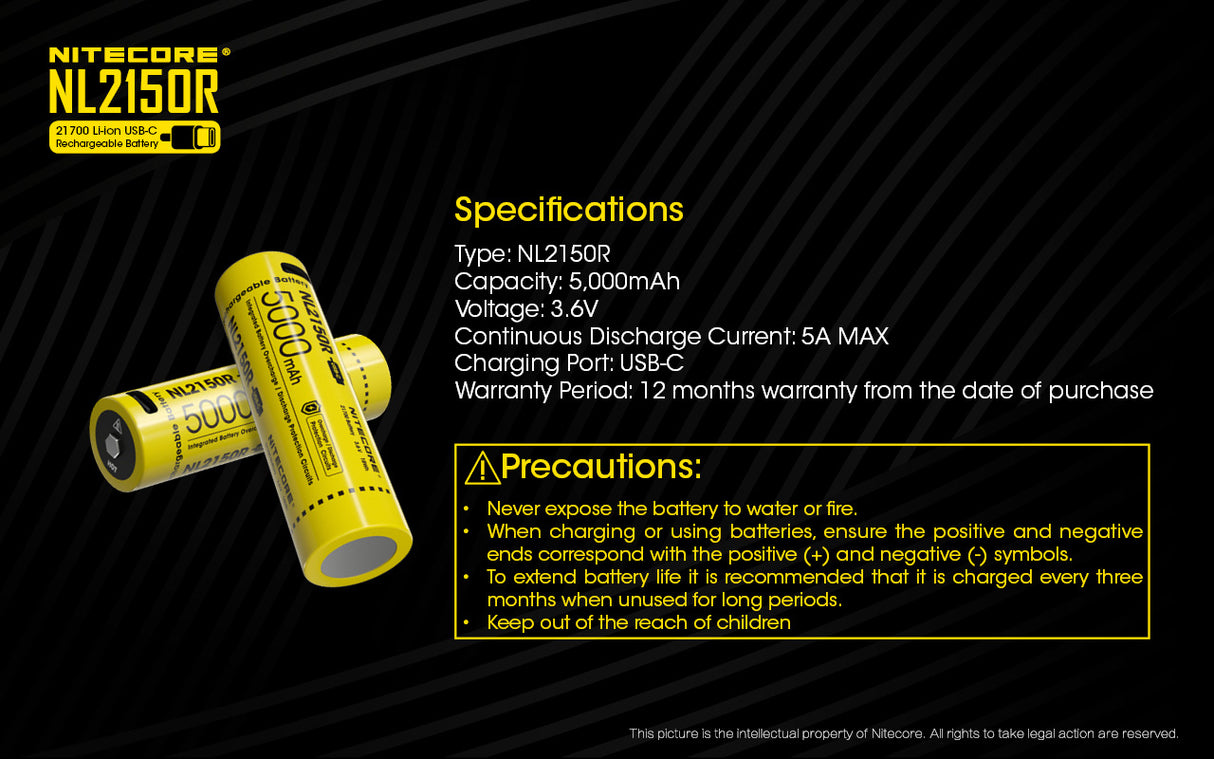 NiteCore 21700 NL2150R - 5000mAh, Li-Ionen 3,7V - 3,6V - PCB geschützt mit USB Lademöglichkeit