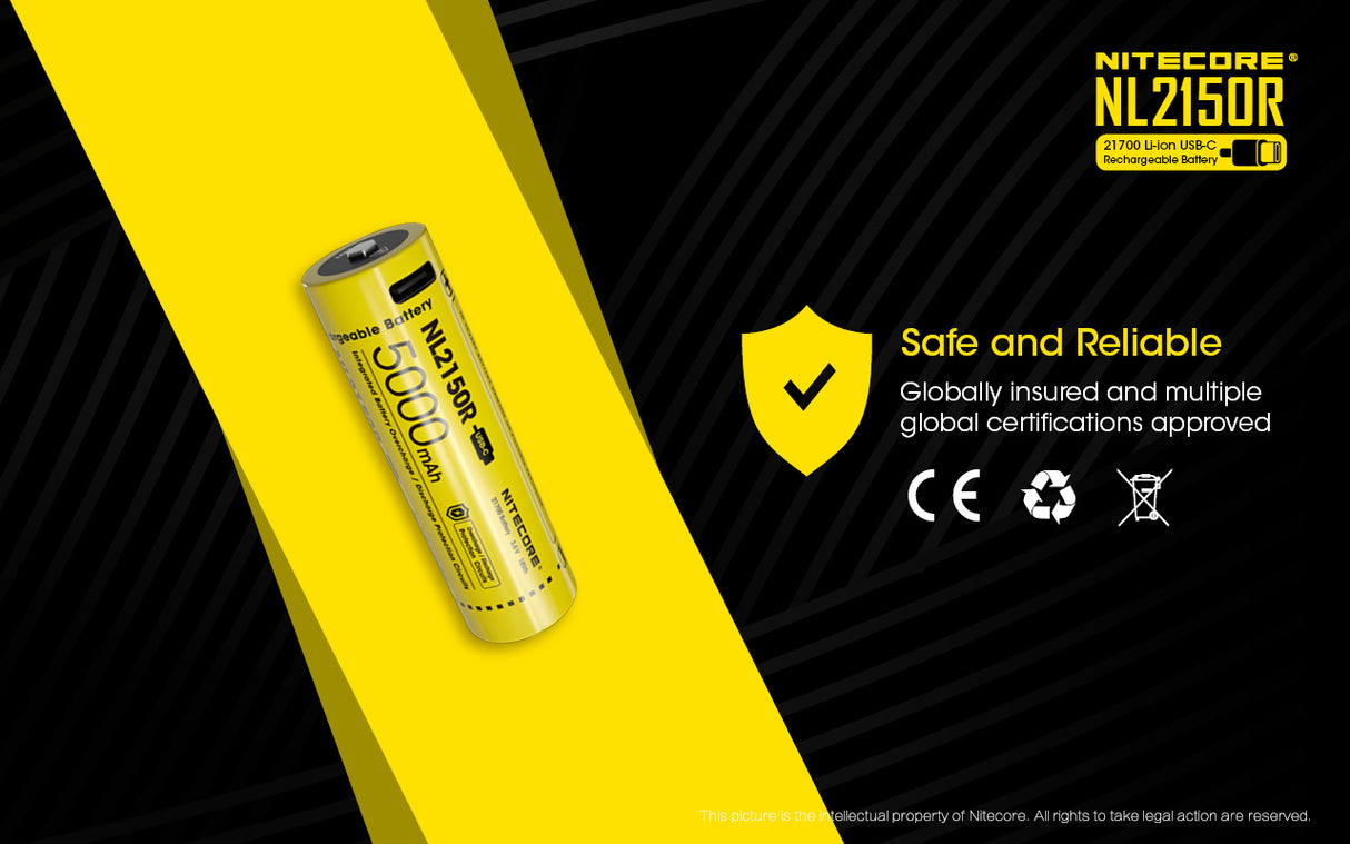 NiteCore 21700 NL2150R - 5000mAh, Li-Ionen 3,7V - 3,6V - PCB geschützt mit USB Lademöglichkeit