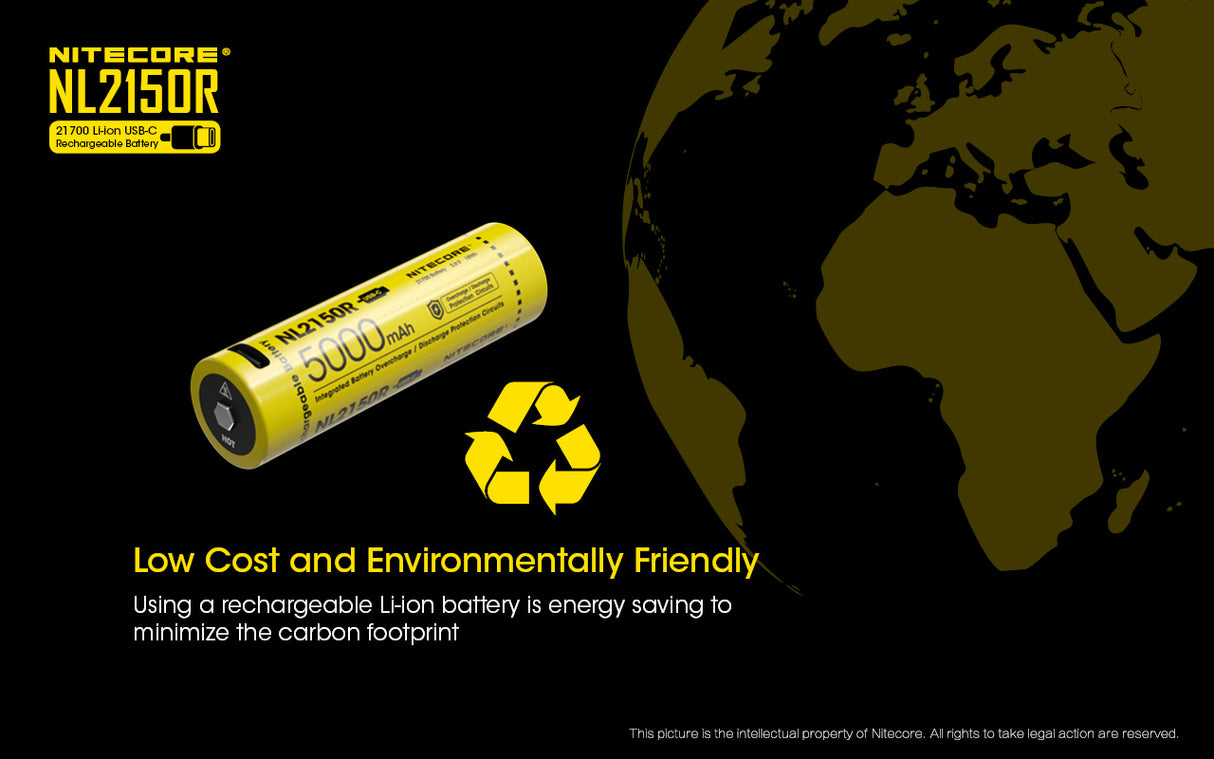 NiteCore 21700 NL2150R - 5000mAh, Li-Ionen 3,7V - 3,6V - PCB geschützt mit USB Lademöglichkeit