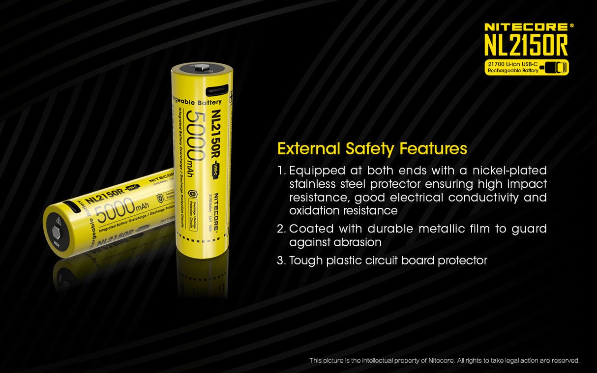 NiteCore 21700 NL2150R - 5000mAh, Li-Ionen 3,7V - 3,6V - PCB geschützt mit USB Lademöglichkeit