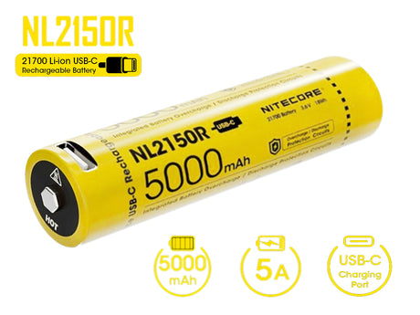 NiteCore 21700 NL2150R - 5000mAh, Li-Ionen 3,7V - 3,6V - PCB geschützt mit USB Lademöglichkeit