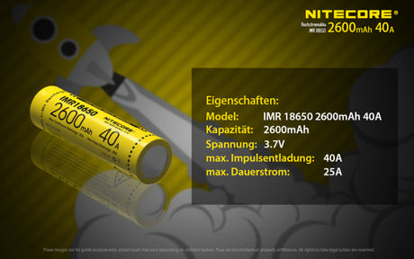Nitecore NC-18650IMR/26 - 2600mAh, 3,6V - 3,7V max. 40A Entladestrom (Flat Top)