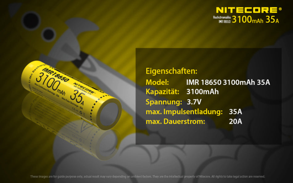 Nitecore NC-18650IMR/31 - 3100mAh, 3,6V - 3,7V max. 35A Entladestrom (Flat Top)