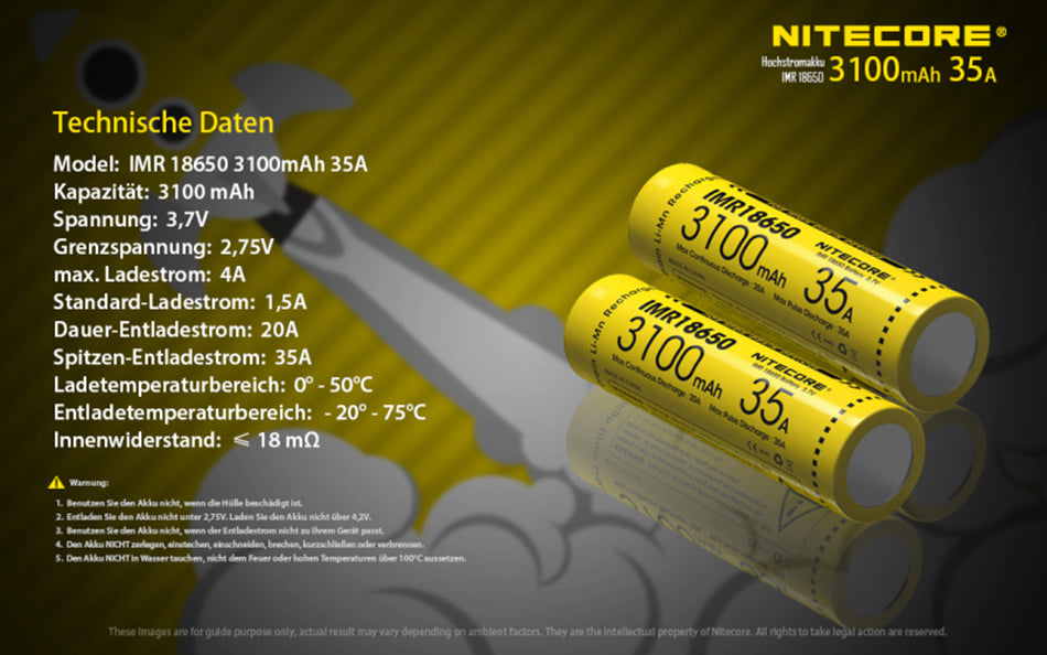 Nitecore NC-18650IMR/31 - 3100mAh, 3,6V - 3,7V max. 35A Entladestrom (Flat Top)