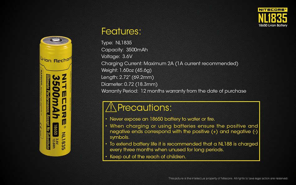 NiteCore Li-Ion-Akku 18650 - 3500mAh, 3,7V - NL1835 PCB geschützt