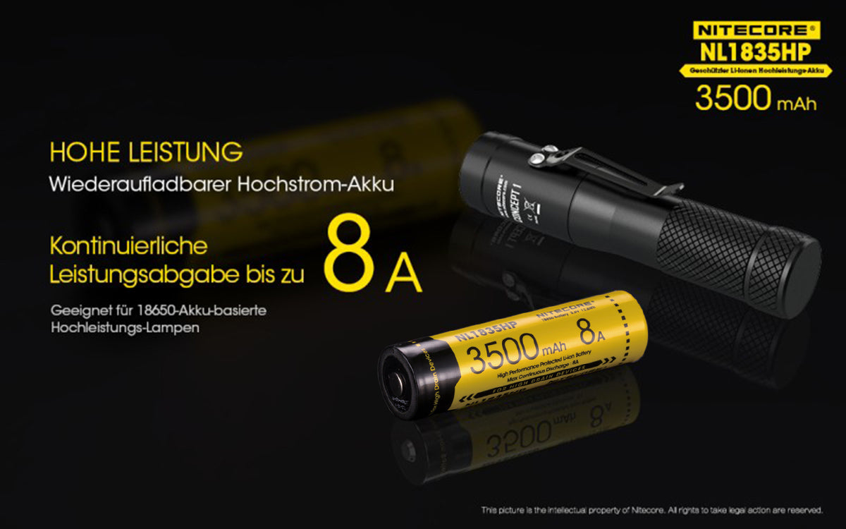 NiteCore Li-Ion-Akku 18650 - 3500mAh, 3,7V - NL1835HP PCB bis 8A geschützt