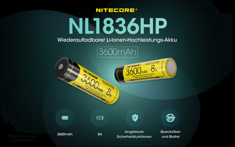 NiteCore Li-Ion-Akku 18650 - 3600mAh, 3,7V - NL1836HP -High Drain 8A - PCB geschützt
