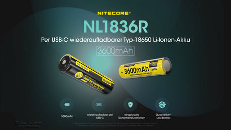 NiteCore Li-Ion-Akku 18650 - 3600mAh, 3,7V - NL1836R - USB-C - PCB geschützt
