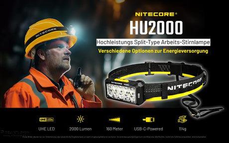 Nitecore HU2000 Arbeits-Stirnlampe, bis zu 2000 Lumen, ohne eigene Stromquelle, NiteLab UHE LEDs, mit Universalclip