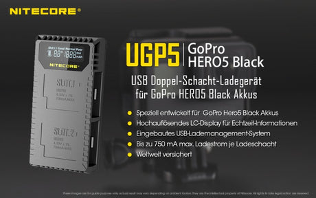 Nitecore Ladegerät UGP5 USB-Ladegerät mit LCD-Display für GoPro HERO 5 Black Akkus