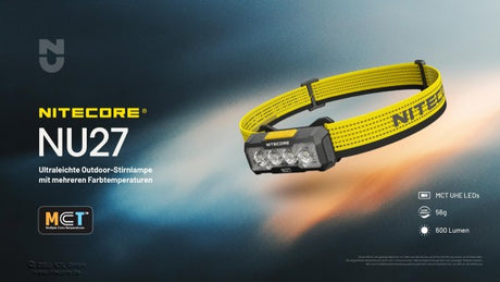 Nitecore NU27 Stirnlampe weiß mit mehreren Farbtemperaturen, MCT UHE LEDs, ultraleicht, 600 Lumen, dreidimensionales Flächen-Licht