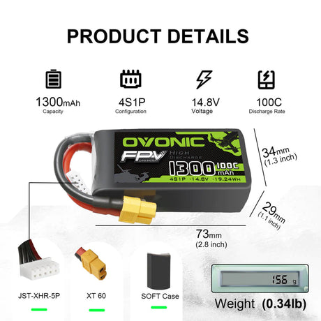 Ovonic 100C 4S 1300 mAh LiPo-Akku 14,8 V mit XT60-Stecker für FPV Protek 35 (4 St.)