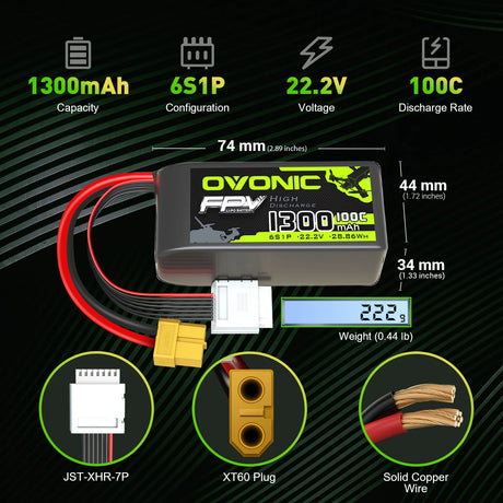 Ovonic FPV 6S 1300mAh 22,2V 100C XT60 LiPo Akku (2 Stück)