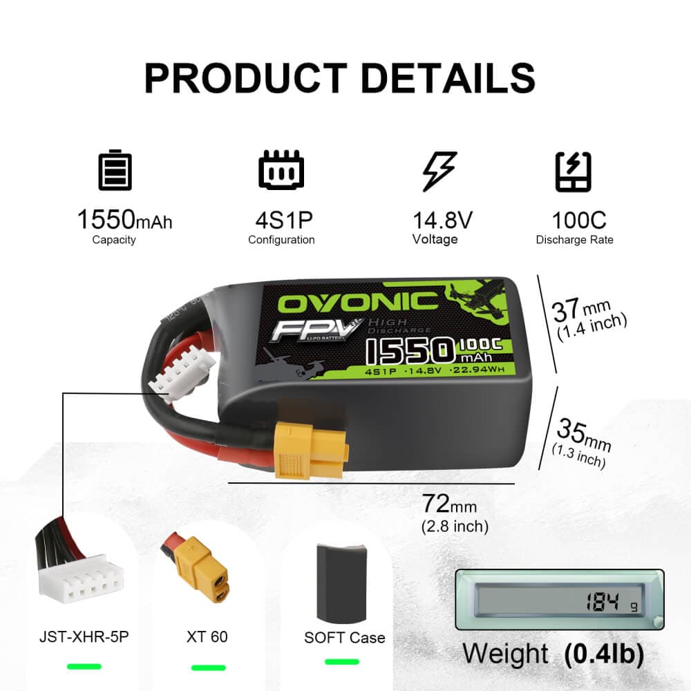 Ovonic 4S 1550mAh 100C LiPo-Akku 14,8V FPV XT60-Stecker (4 St.)