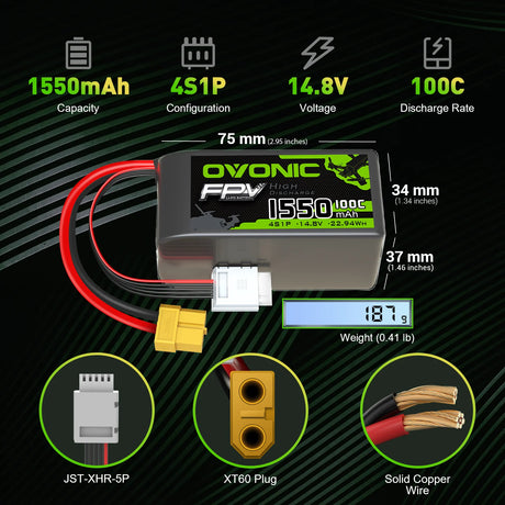 Ovonic FPV 4S LiPo-Akku 14,8V 1550mAh 100C LiPo-Akku mit XT60-Stecker