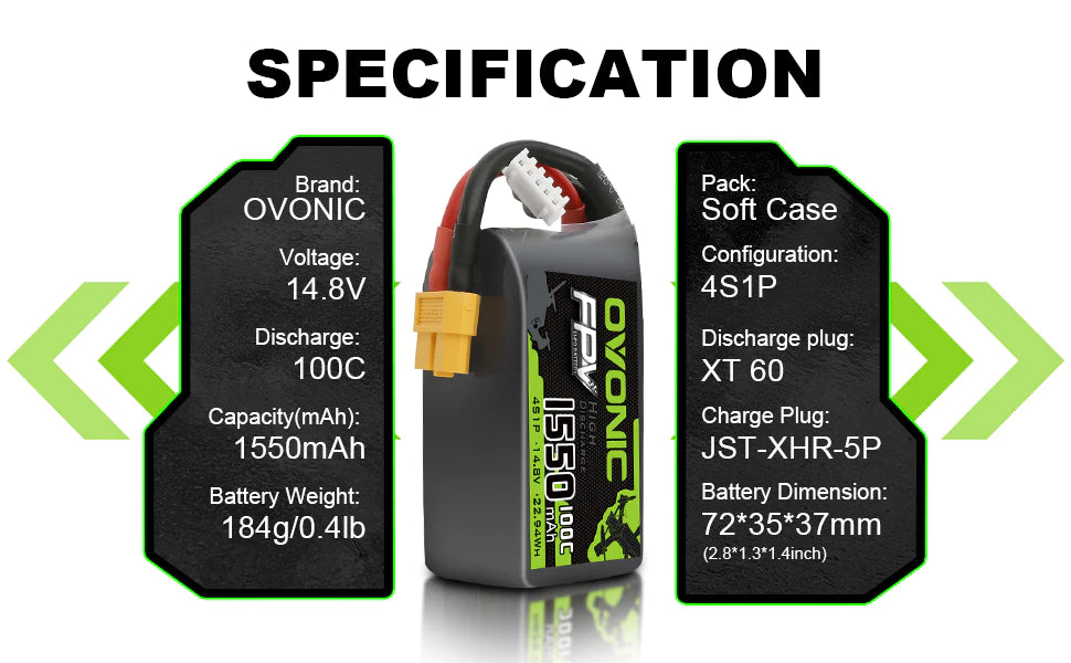 Ovonic 4S 1550mAh 100C LiPo-Akku 14,8V FPV XT60-Stecker (4 St.)