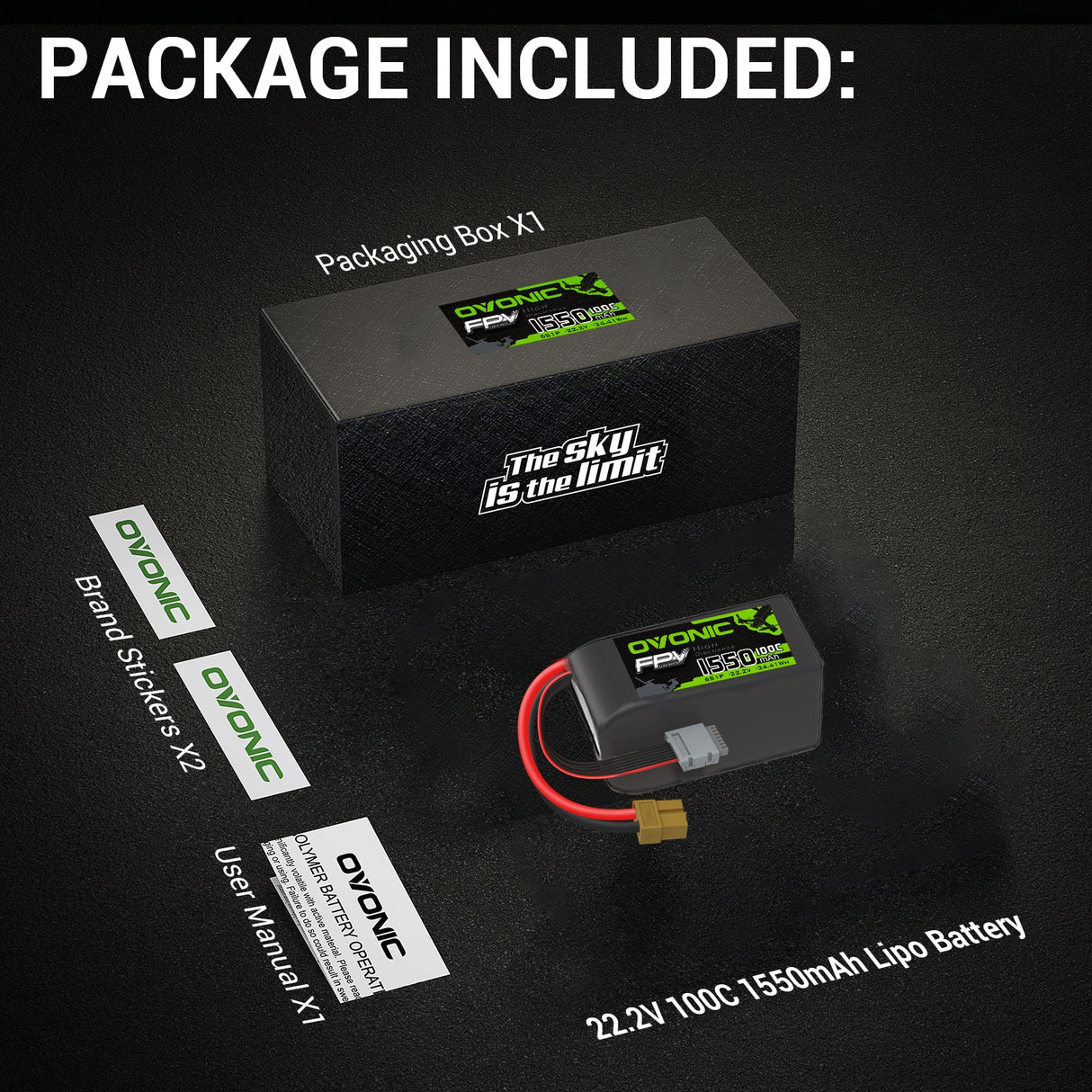 Ovonic FPV 6S 1550mAh 6S 100C LiPo Akku 22,2V Pack mit XT60-Stecker (4 Stück)