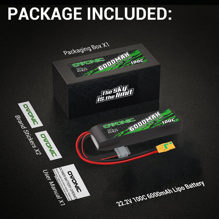 Batteries Lipo Ovonic 6S 2200mAh 150C - Lot De 2, 22.2V, Connecteur XT60 - Pour Drone FPV 6-7", Avion RC