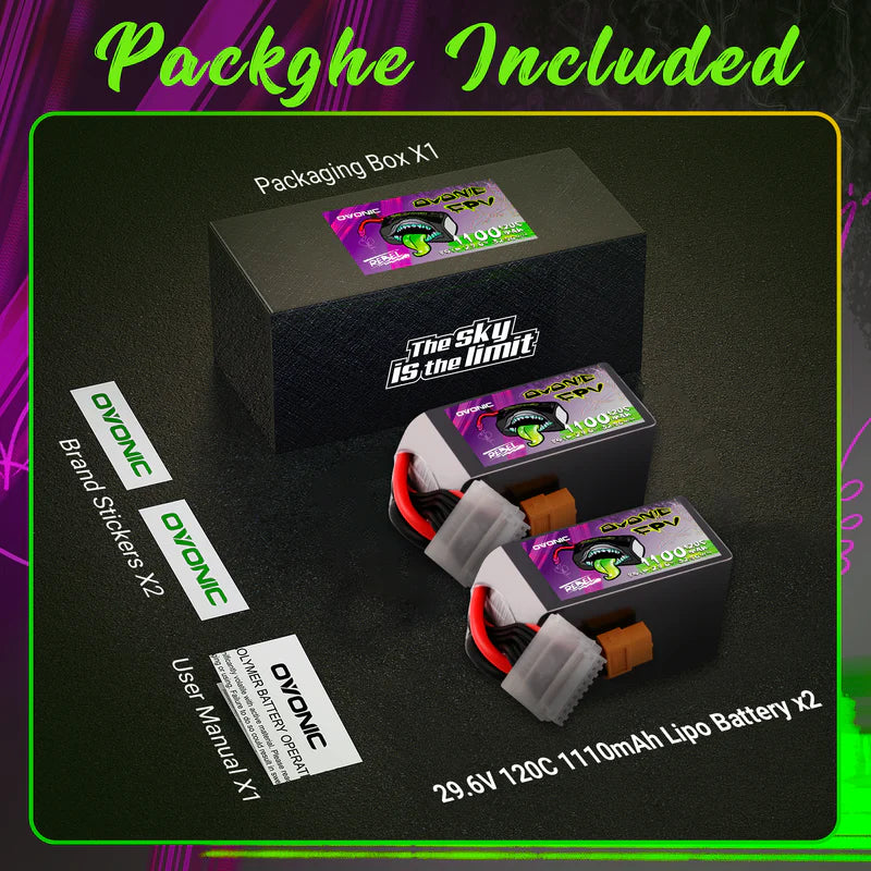 Ovonic Rebel 2.0 8S 1100mAh 29,6V 120C mit XT60 FPV Racing Lipo Akku (2 Stück)