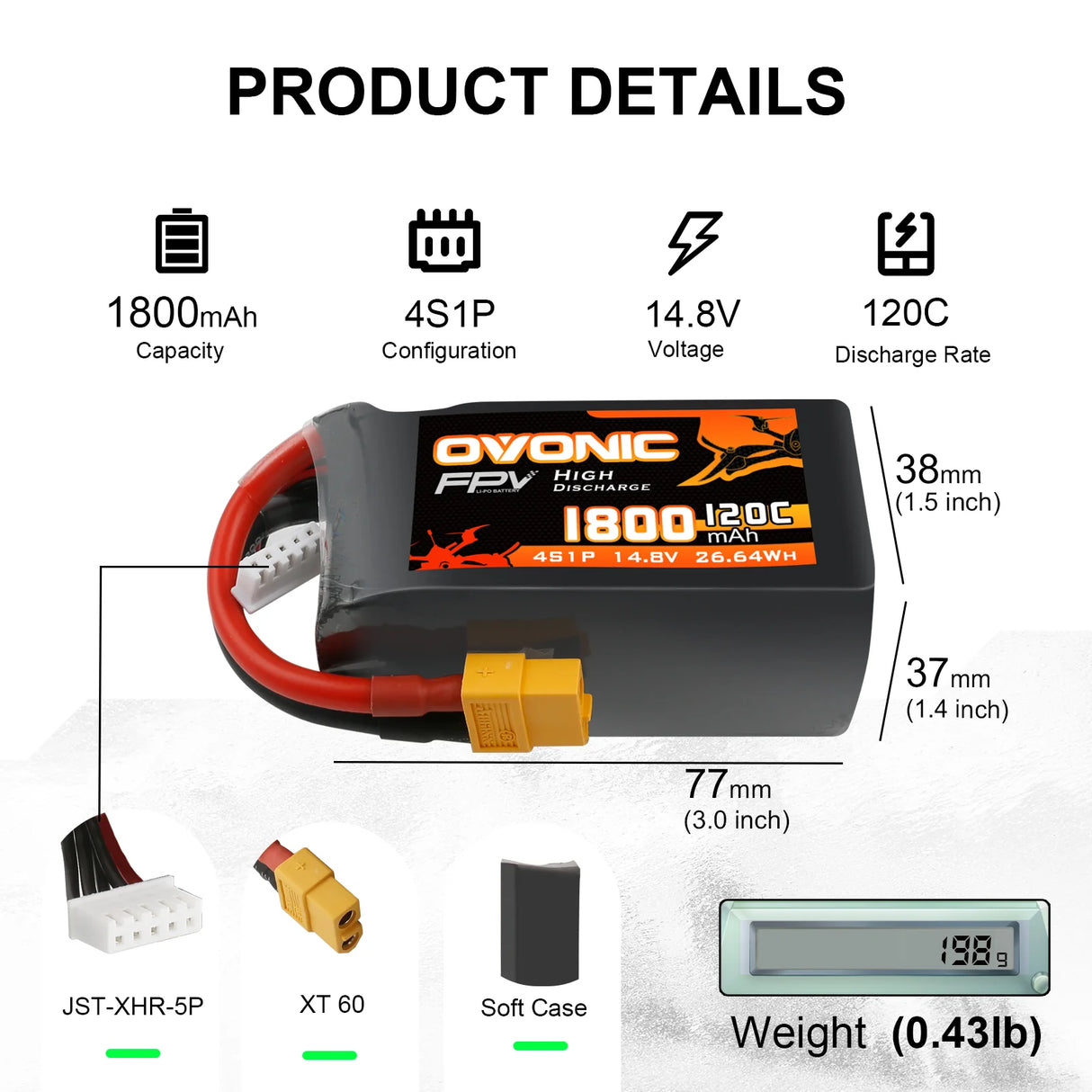 Ovonic 4S 1800mAh 120C LiPo XT60-Stecker für FPV (4 St.)