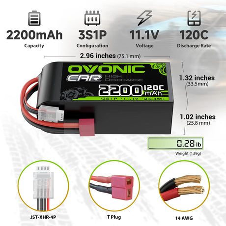 Ovonic Car 3S Short LiPo Akku 11,1V 2200mAh 120C mit Deans-T Stecker & Lipo Spannungsprüfer (2 St.)