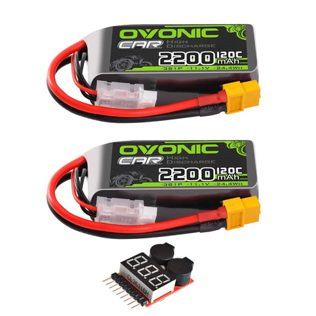 Ovonic Car 3S Short LiPo Akku 11,1V 2200mAh 120C mit XT60 Stecker & Lipo Spannungsprüfer ( 2 St.)