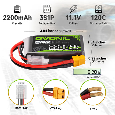 Ovonic Car 3S Short LiPo Akku 11,1V 2200mAh 120C mit XT60 Stecker & Lipo Spannungsprüfer ( 2 St.)