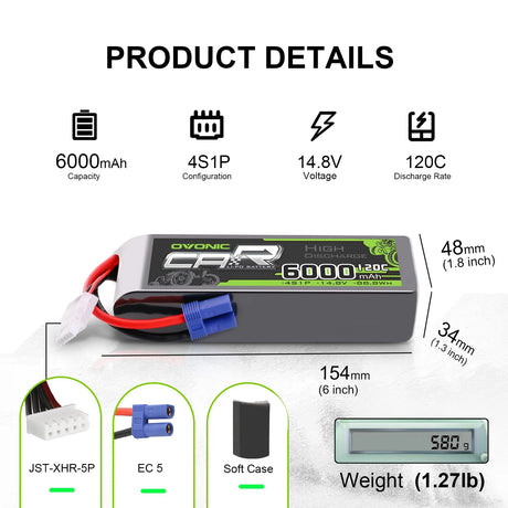 Ovonic Car 4S Lipo Akku 6000mAh 120C RC Akku 14,8V mit EC5 Stecker (2 Stück)