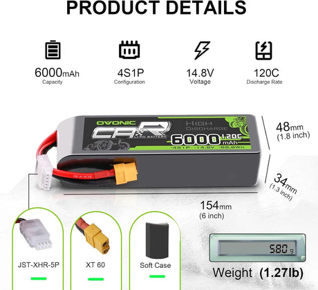 Ovonic Car 4S 6000mAh Lipo Akku 120C 14,8V RC Lipo Akku mit XT60 Stecker (2 Stück)