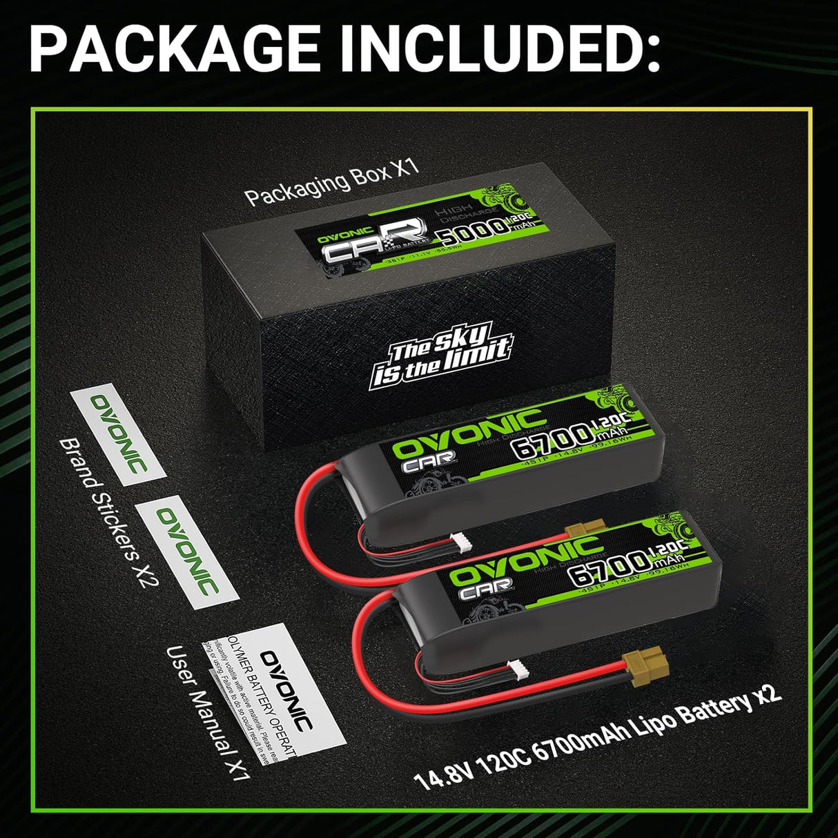 Ovonic Car 4S 6700mAh 120C 14,8V Lipo Akku Lipo Akku mit XT60 Stecker (2 Stück)
