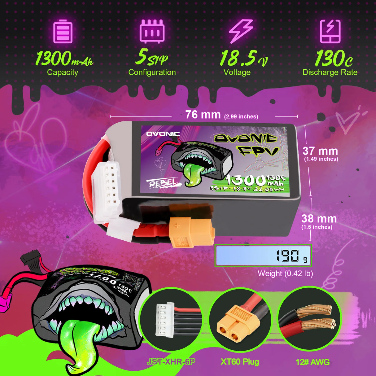Ovonic Rebel 2.0 5S 1300mAh 18,5V 130C XT60 LiPo Akku (2 Stück)