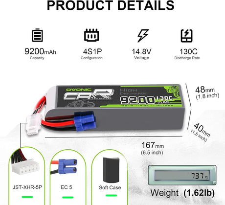 Ovonic Car 4S 9200mAh Lipo Akku 130C 14,8V RC Lipo Akku mit EC5 Stecker (2 Stück)