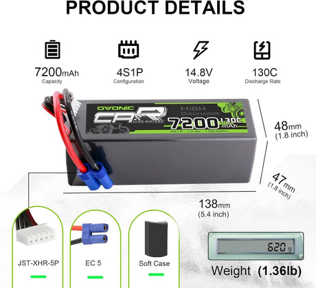 Ovonic Car 4S 7200mAh Lipo Akku 130C 14,8V RC Lipo Akku mit EC5 Stecker (2 Stück)