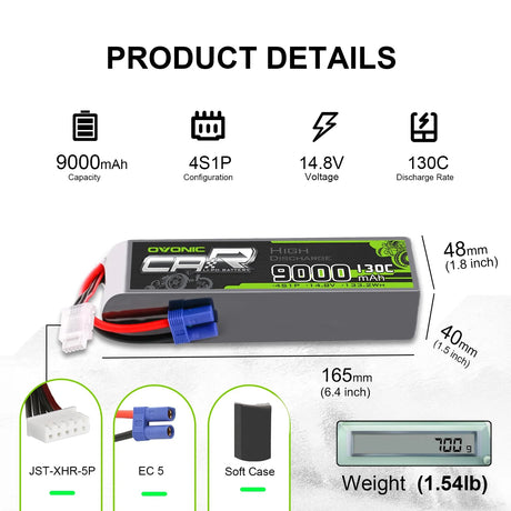 Ovonic Car 4S LiPo Akku 9000mAh 14,8V 130C RC Akku mit EC5 Stecker (2 Stück)