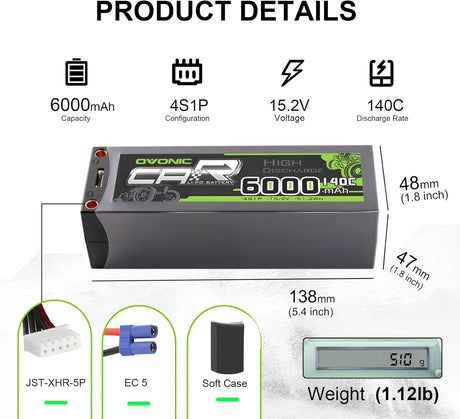 Ovonic Car 4S Lipo Akku 6000mAh 140C 15,2V RC Lipo Akku mit EC5 Stecker (2 Stück)