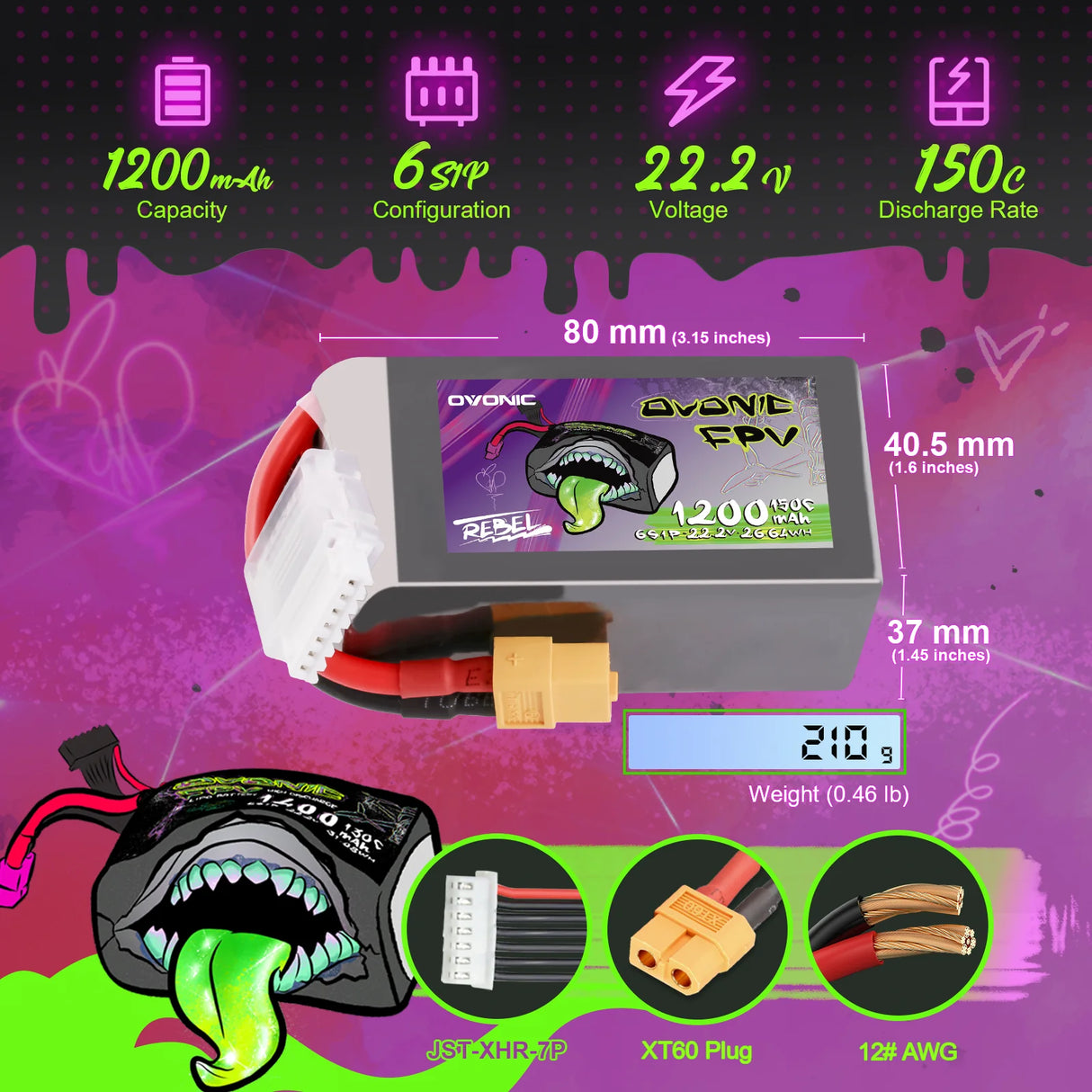 Ovonic Rebel 2.0 6S 1200mAh 150C 22,2V XT60 Lipo Akku (2 Stück)