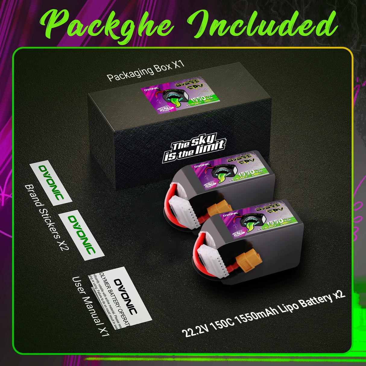 Ovonic Rebel 2.0 6S 1550mAh 22,2V 150C XT60 FPV Racing Lipo Akku (2 Stück)