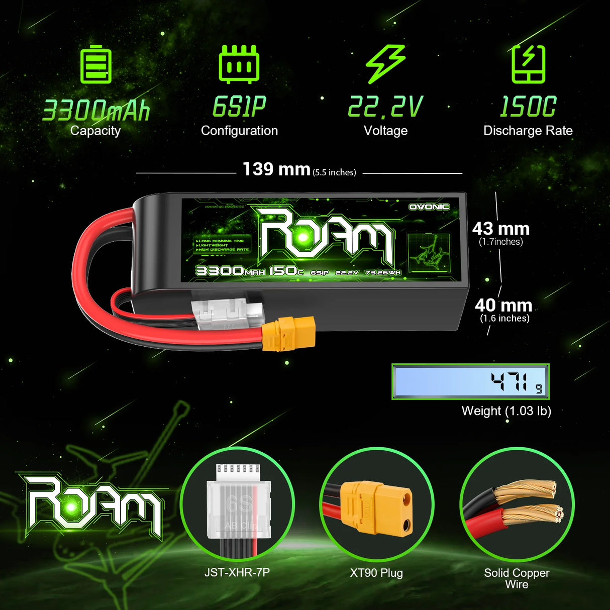 Ovonic Roam Series 6S Lipo Akku 3300mAh 6S1P 150C 22,2V XT90-Stecker